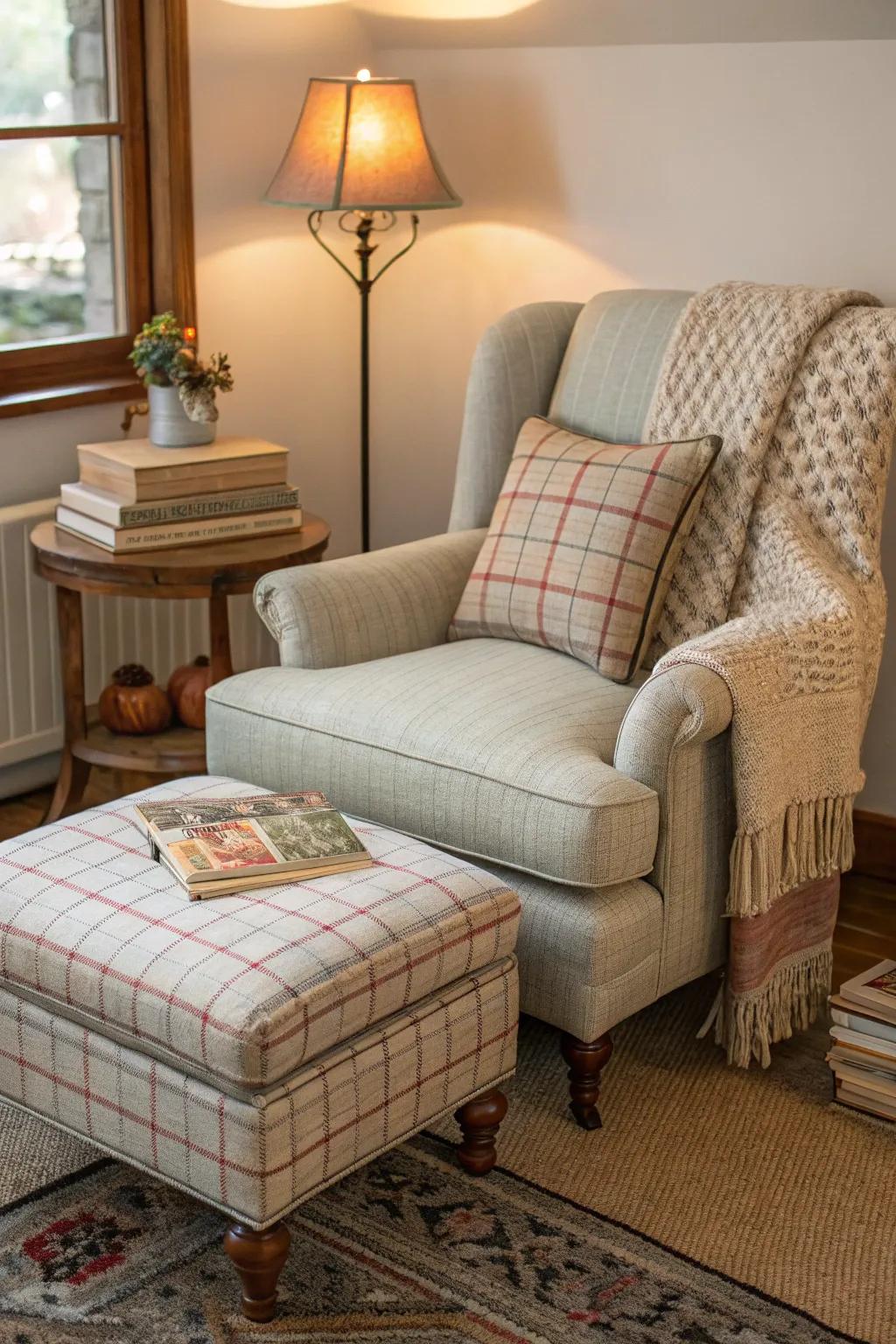 An ottoman and armchair duo creates the perfect reading nook.