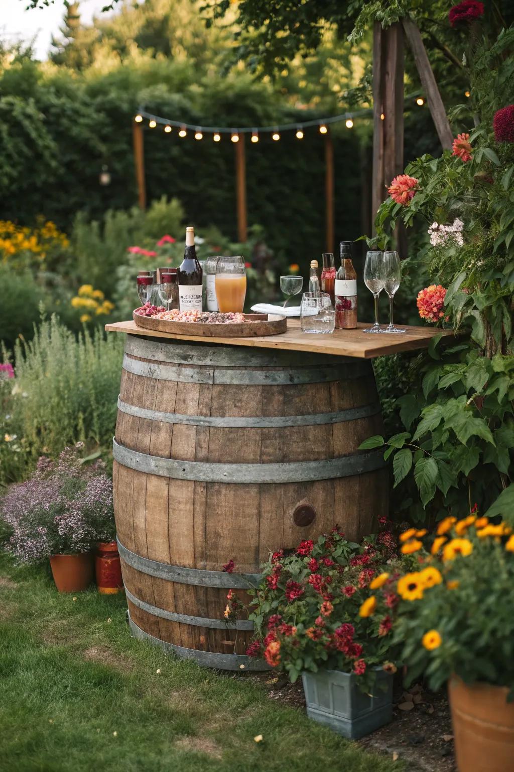 A wine barrel bar serves as a rustic centerpiece.