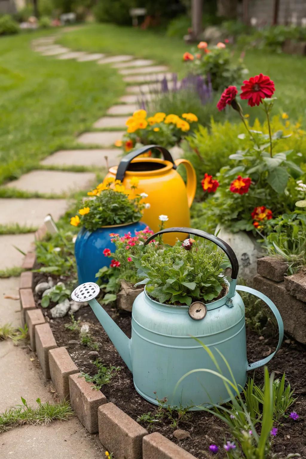 Charming flower arrangements in repurposed tea kettles.