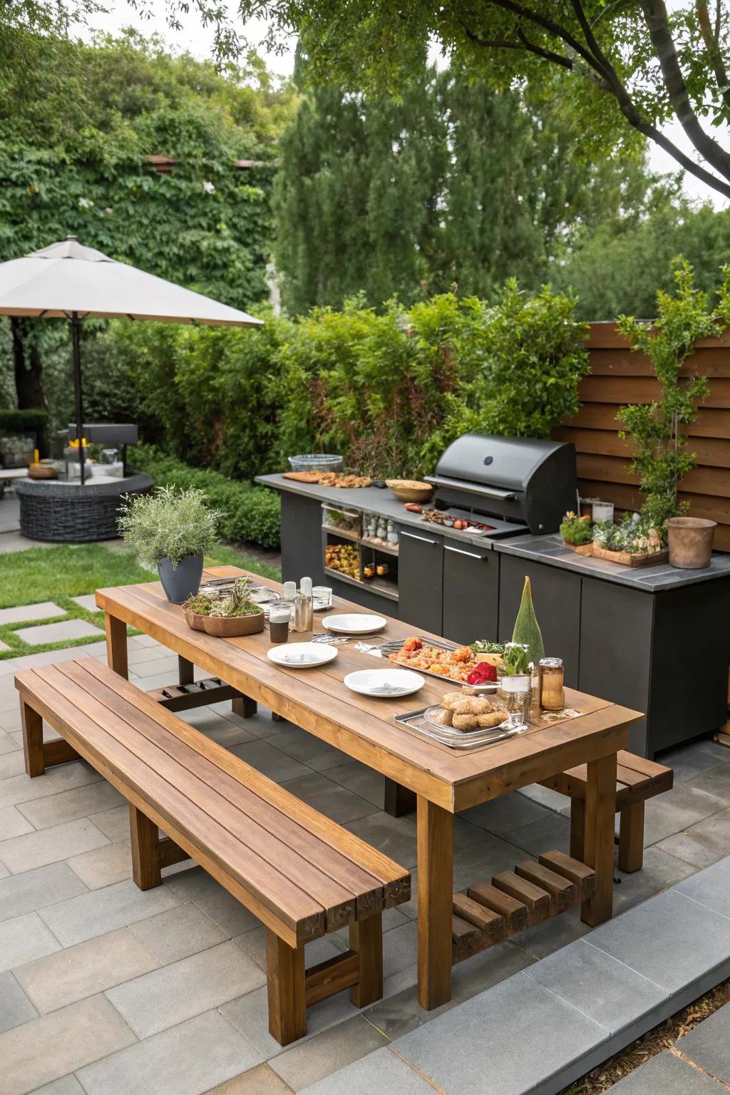 Make your grill station a social hub with built-in seating.