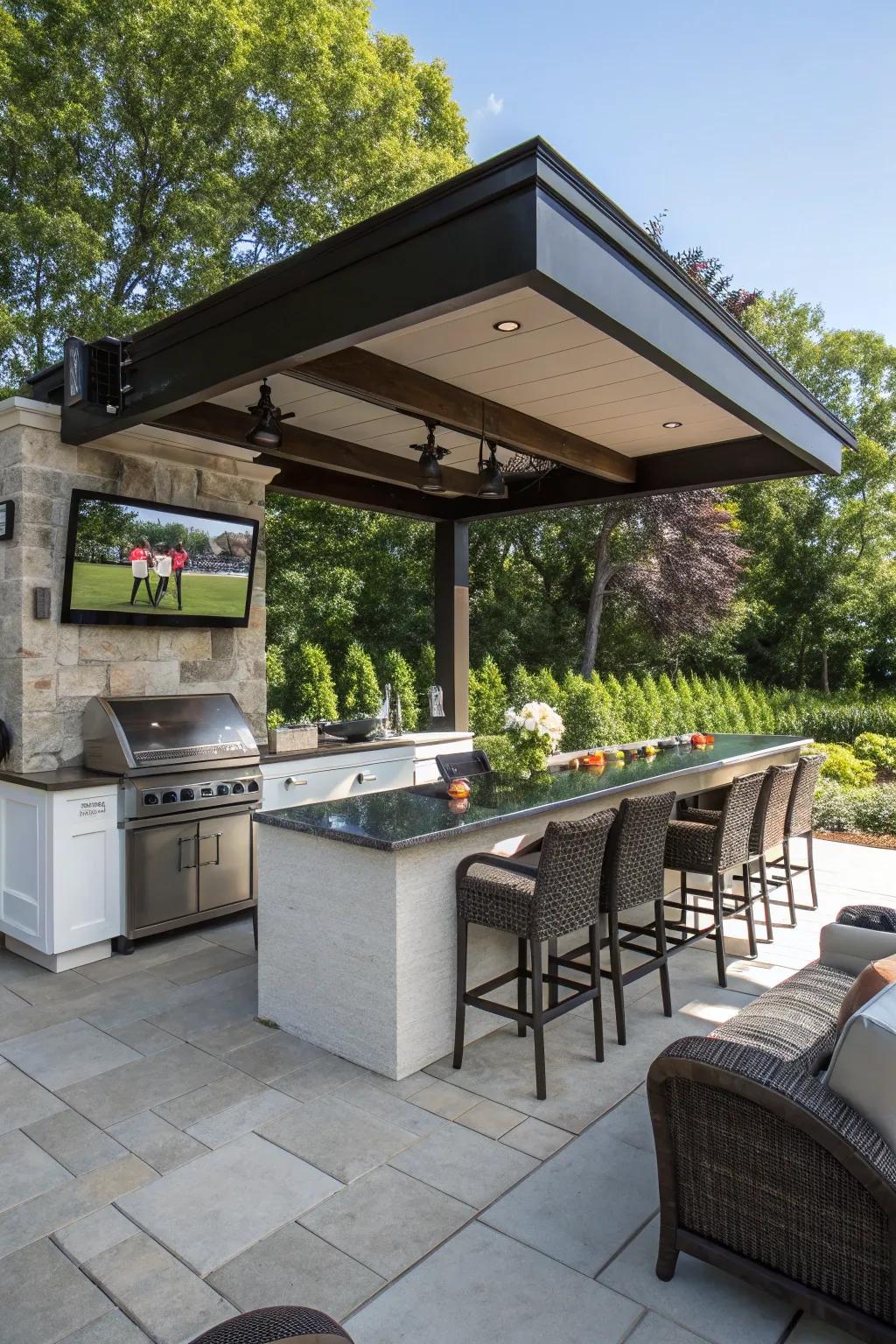 A TV and sound system turn your outdoor bar into entertainment central.