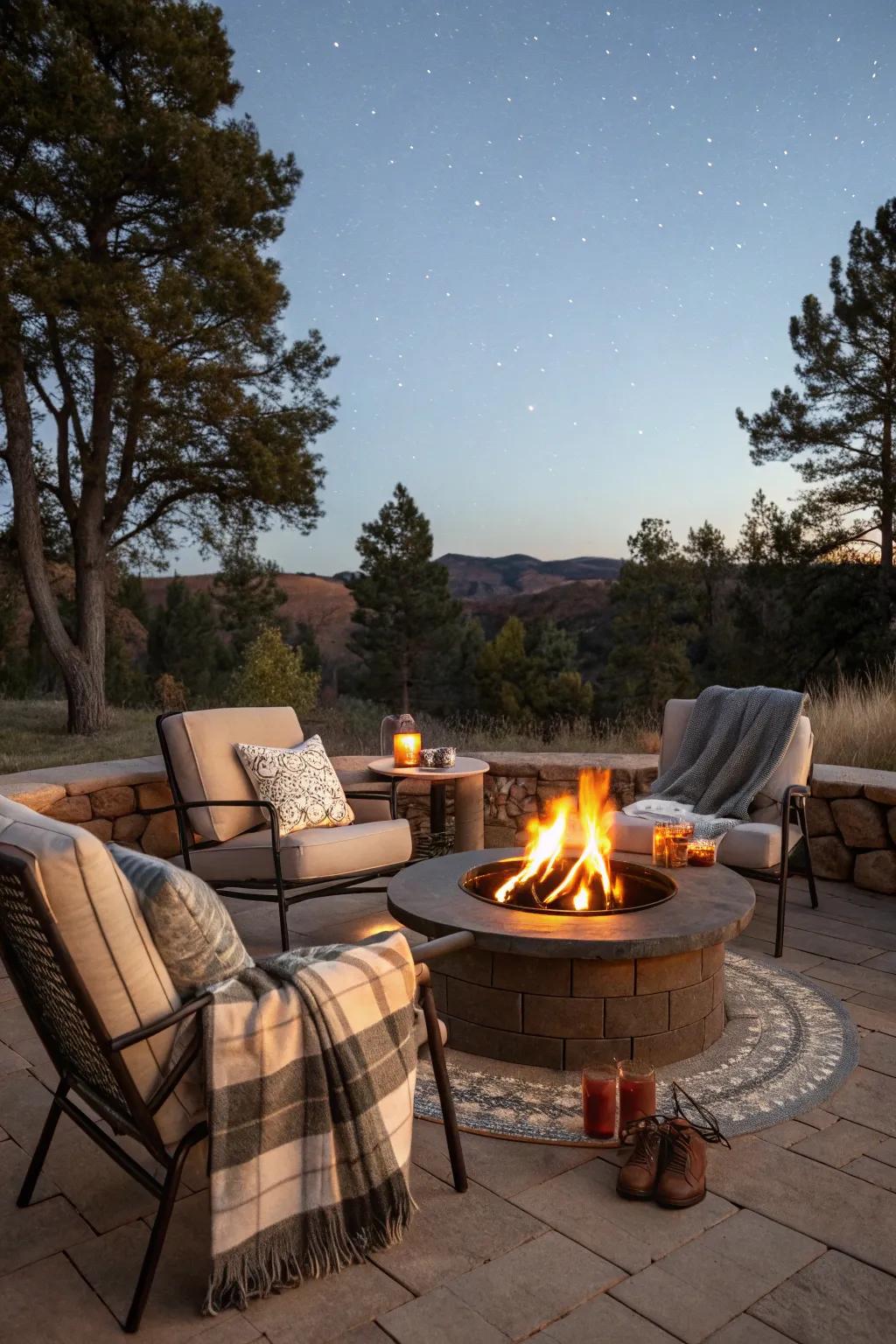 A fire pit adds warmth and a gathering point for guests.