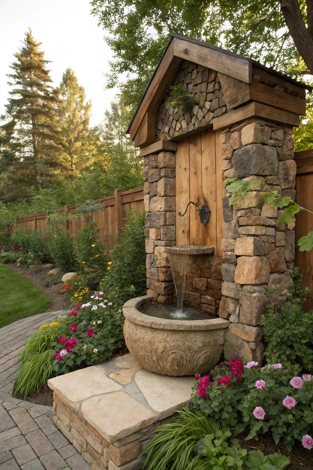 Natural materials like stone and wood add rustic charm.