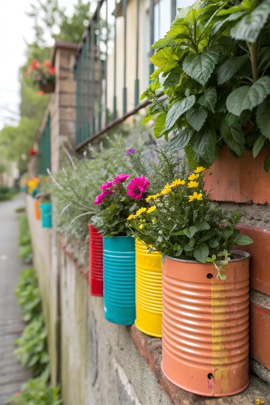 Get creative with repurposed tin can planters.