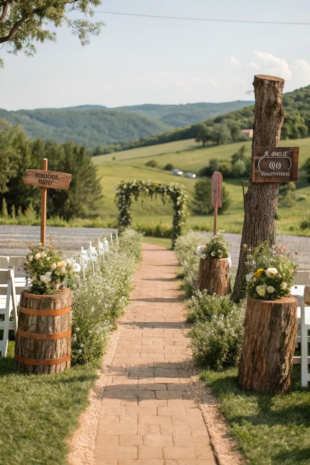 Rustic wood elements add a natural charm to the aisle.