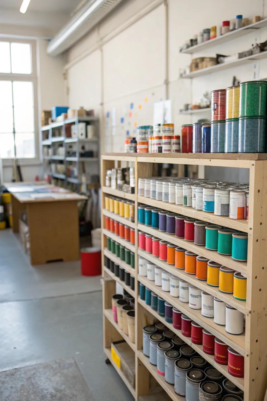 Tiered shelf system filled with various sizes of paint cans.