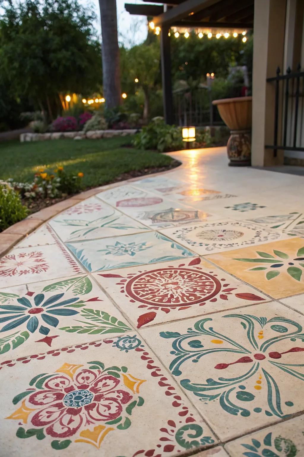 A patio with stenciled designs that mimic the beauty of hand-painted tiles.