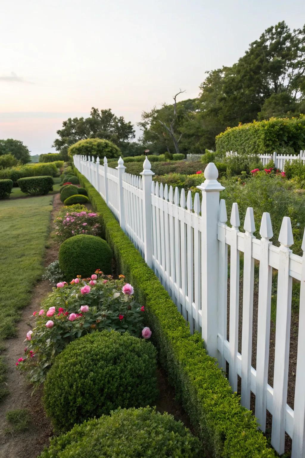 A timeless white picket fence enhancing the garden's elegance.