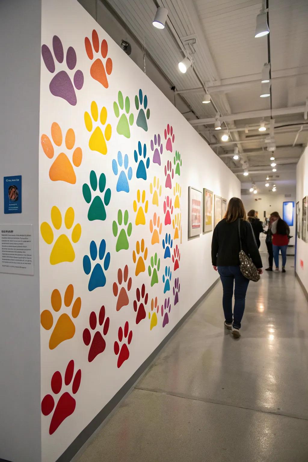 Modern art wall painting featuring colorful pet paw prints.