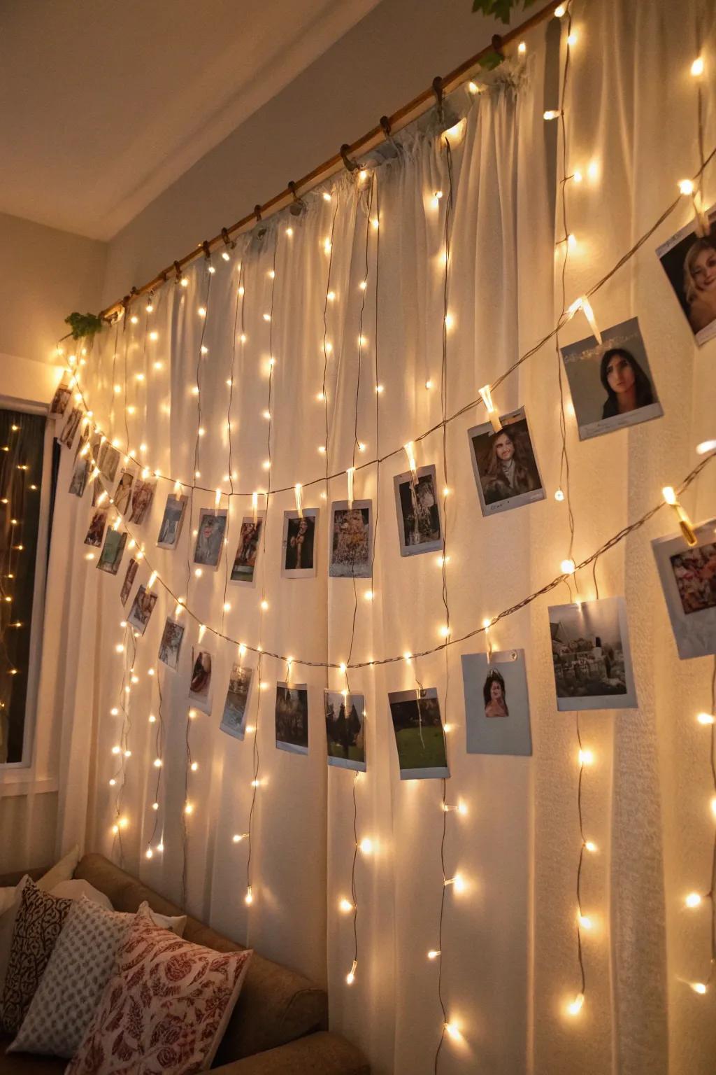 A curtain of lights and photos adds a dreamy touch.