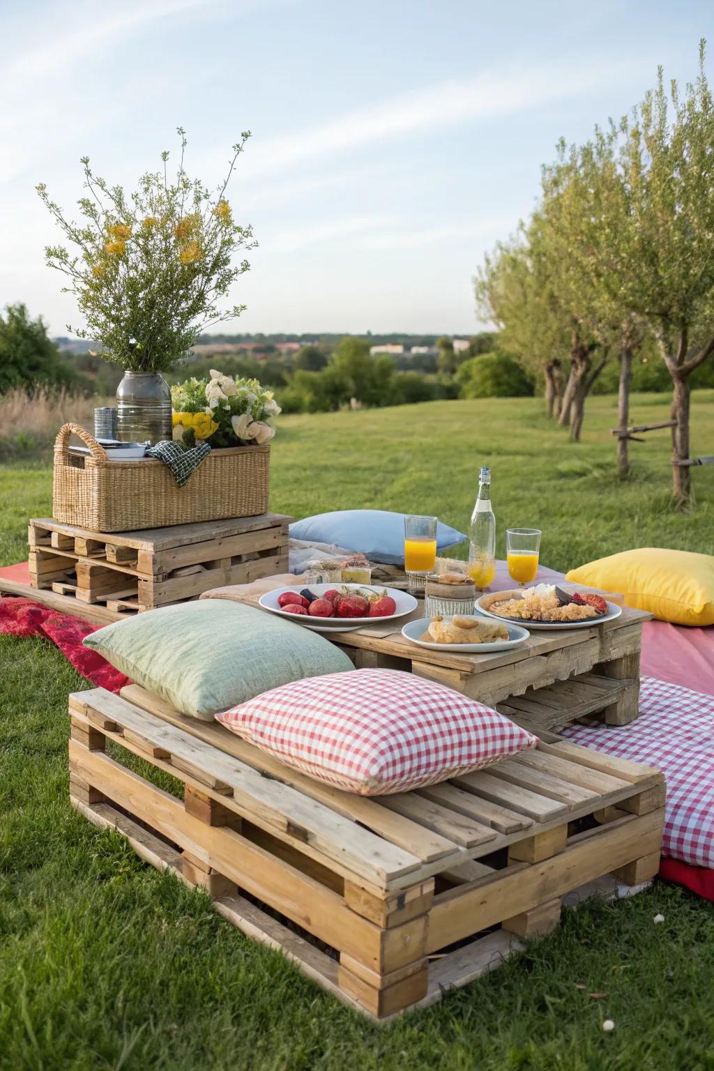 Pallets add a unique and rustic element to picnic seating.