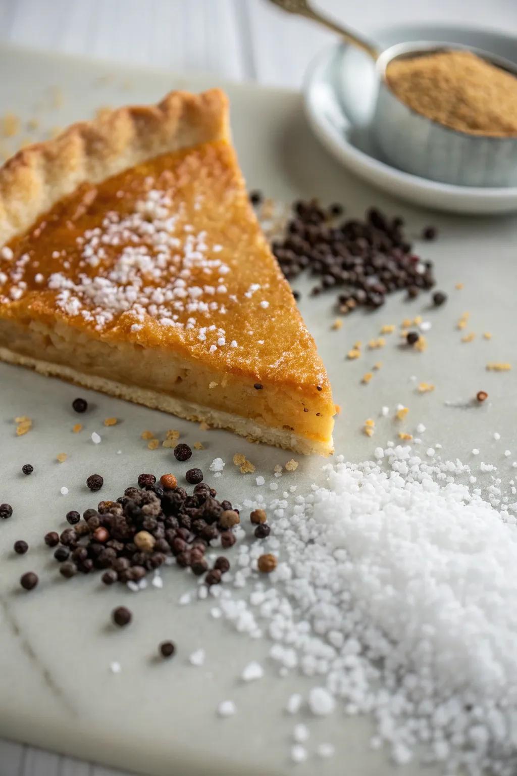 A pie slice paired with unexpected flavor elements.