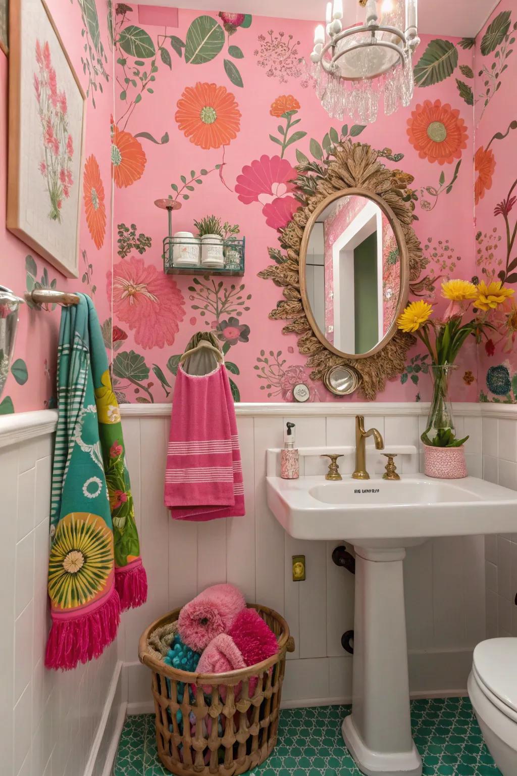 Pink wallpaper adds a bold statement.