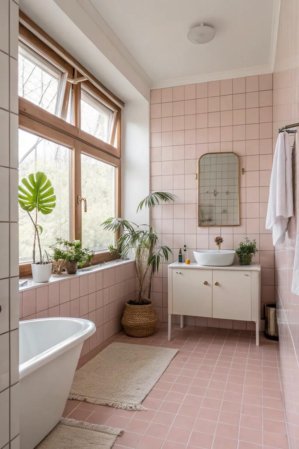 A serene, spa-like bathroom with soft pink tiles.