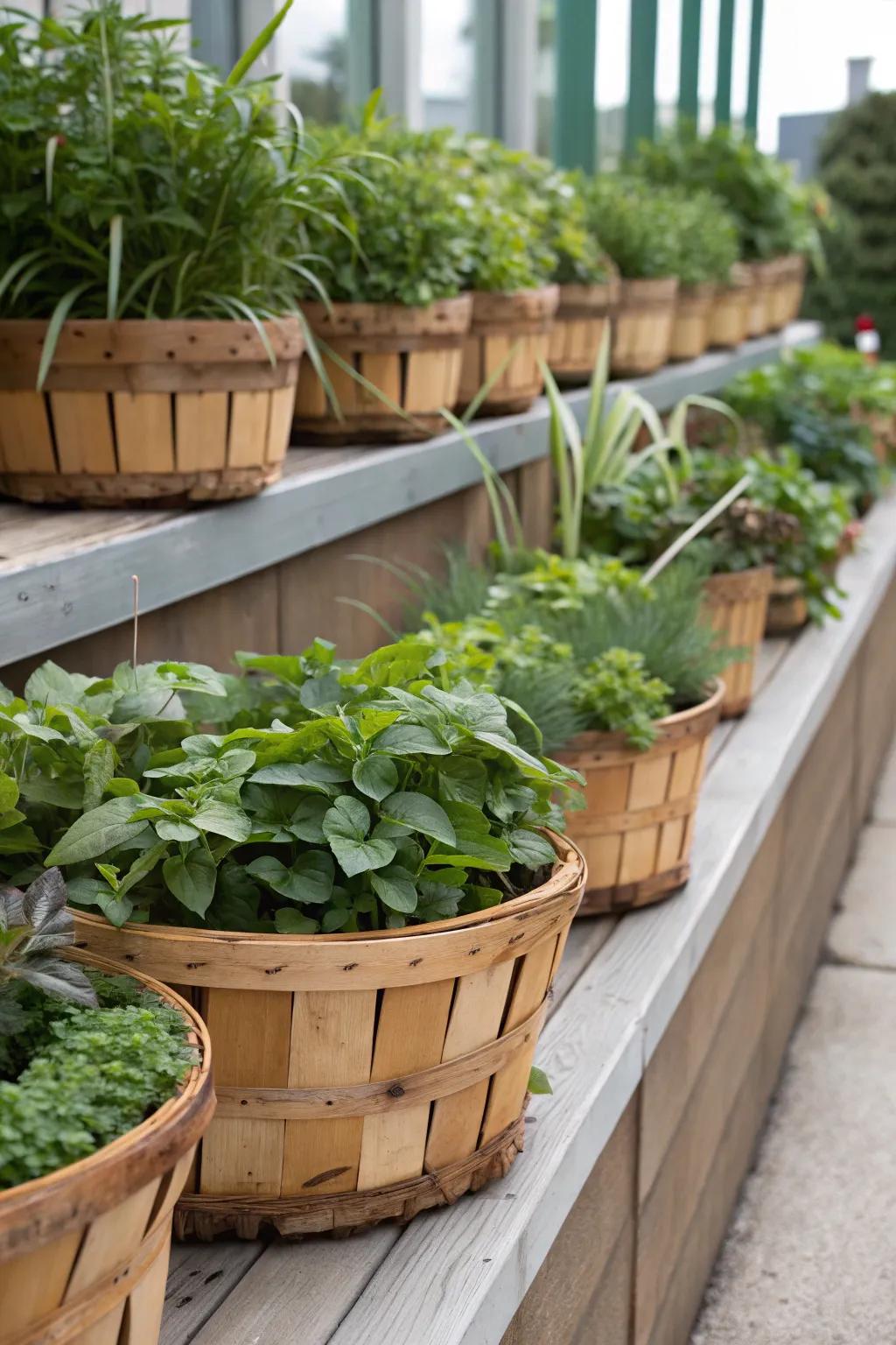 Wooden and woven baskets add warmth and texture to this plant ledge.