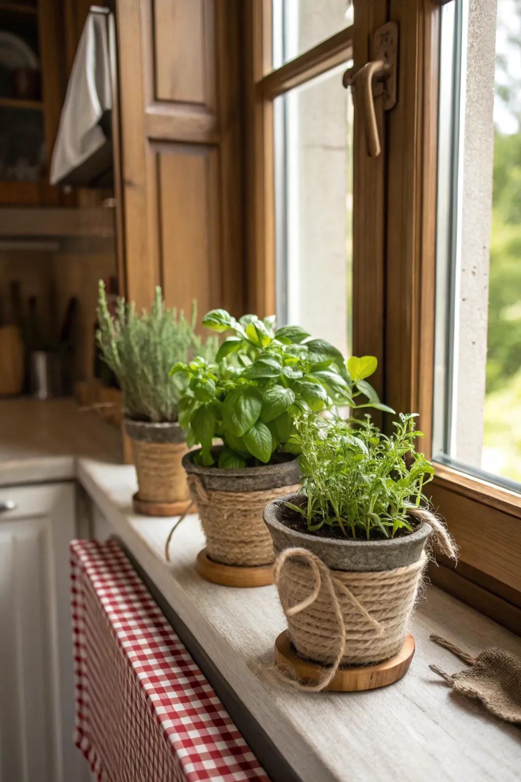 Twine wraps add a rustic touch to any pot.