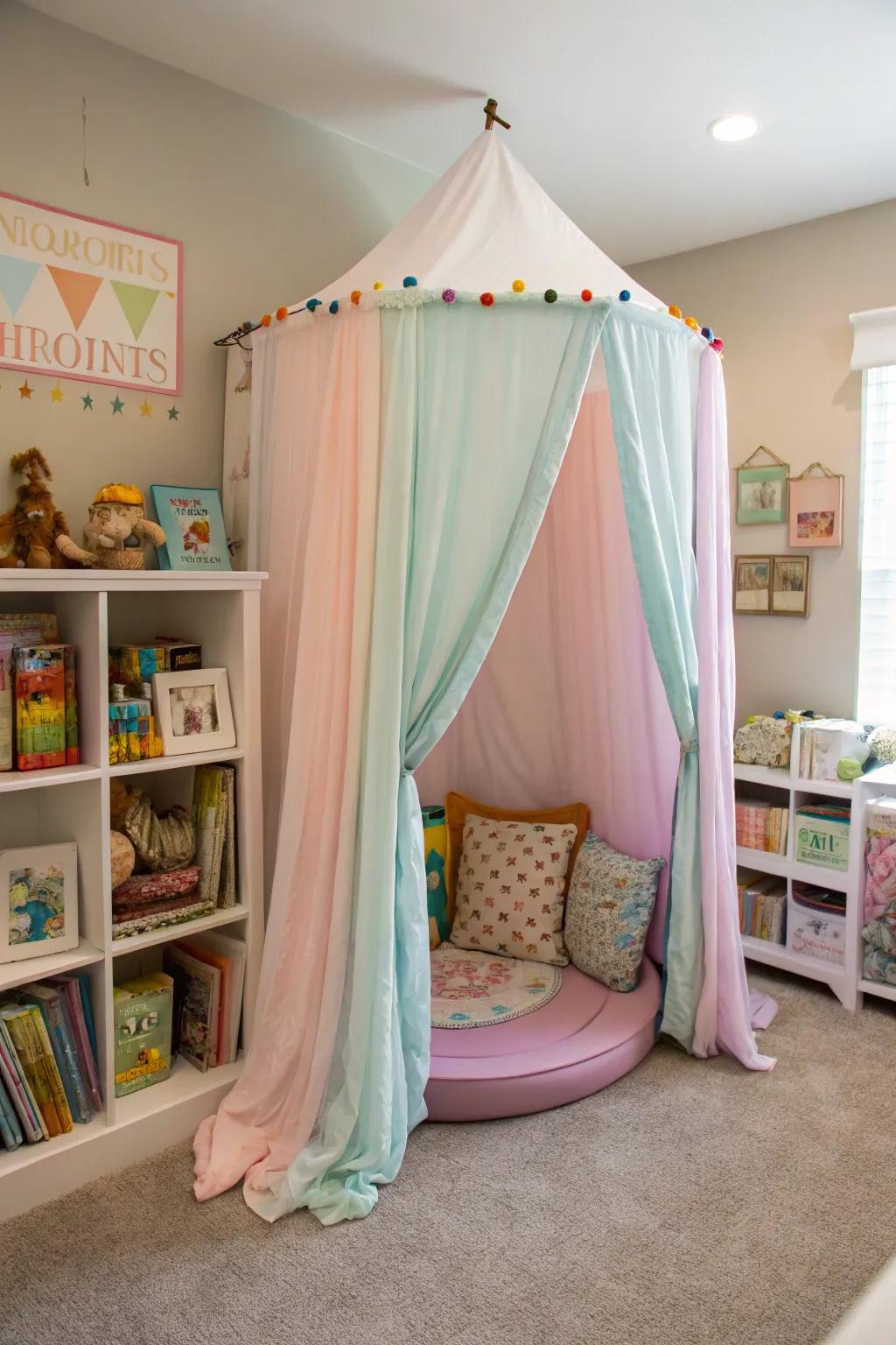 Canopy-style curtains bring a fairy-tale vibe to the playroom.