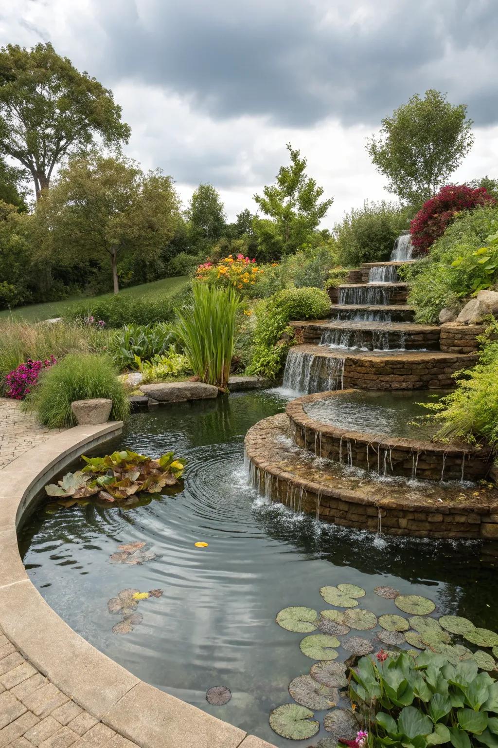 A multi-level pond adds depth and interest to the garden landscape.