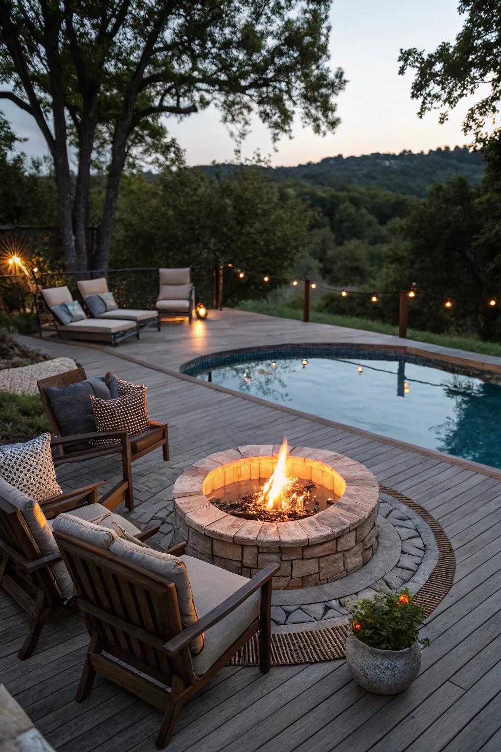 A warm and inviting fire pit feature on the pool deck.