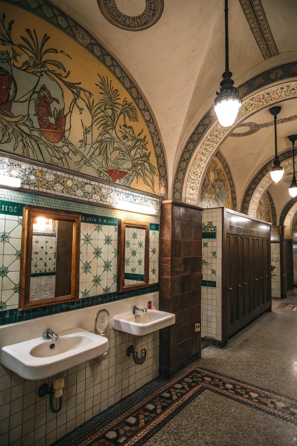 Artistic touches add memorable visual appeal to public bathrooms.