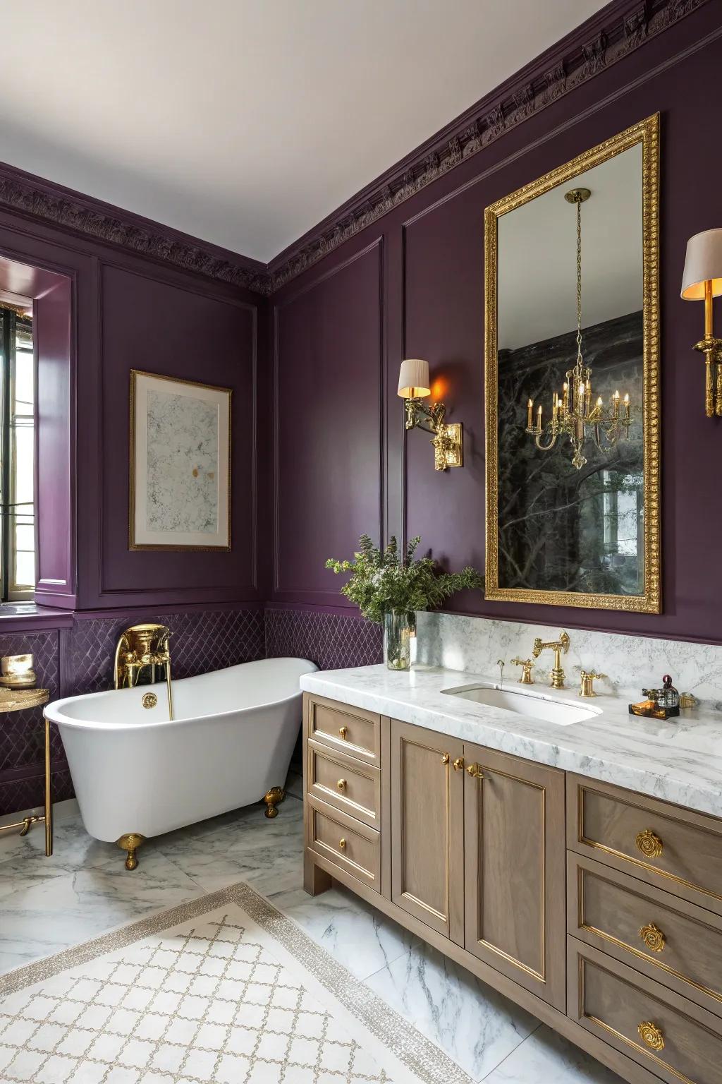 A luxurious bathroom features deep purple walls and gold accents.