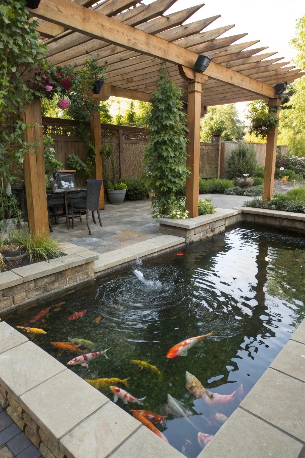 A shaded retreat with a pergola over a raised koi pond.