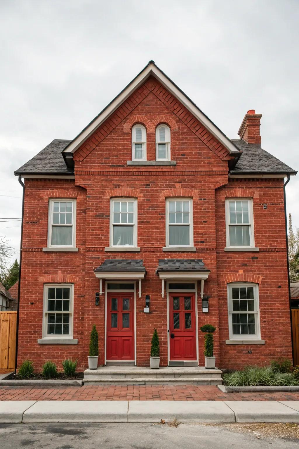 Symmetry creates a classic look for this red brick house.