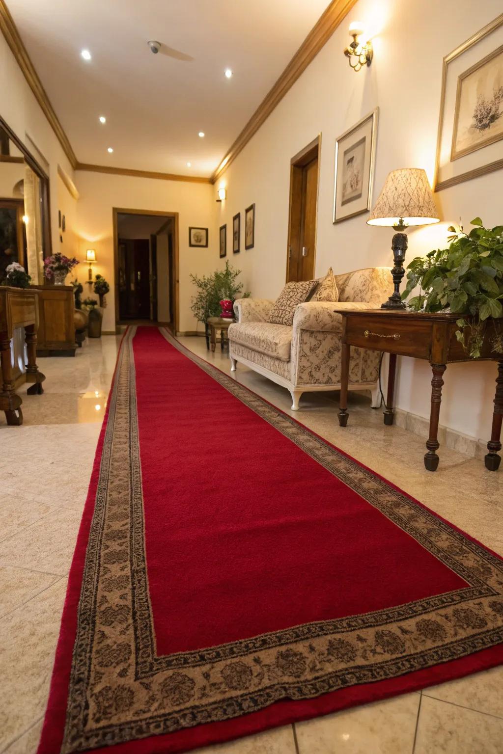 A red runner carpet enhances the flow in a long, narrow living room.