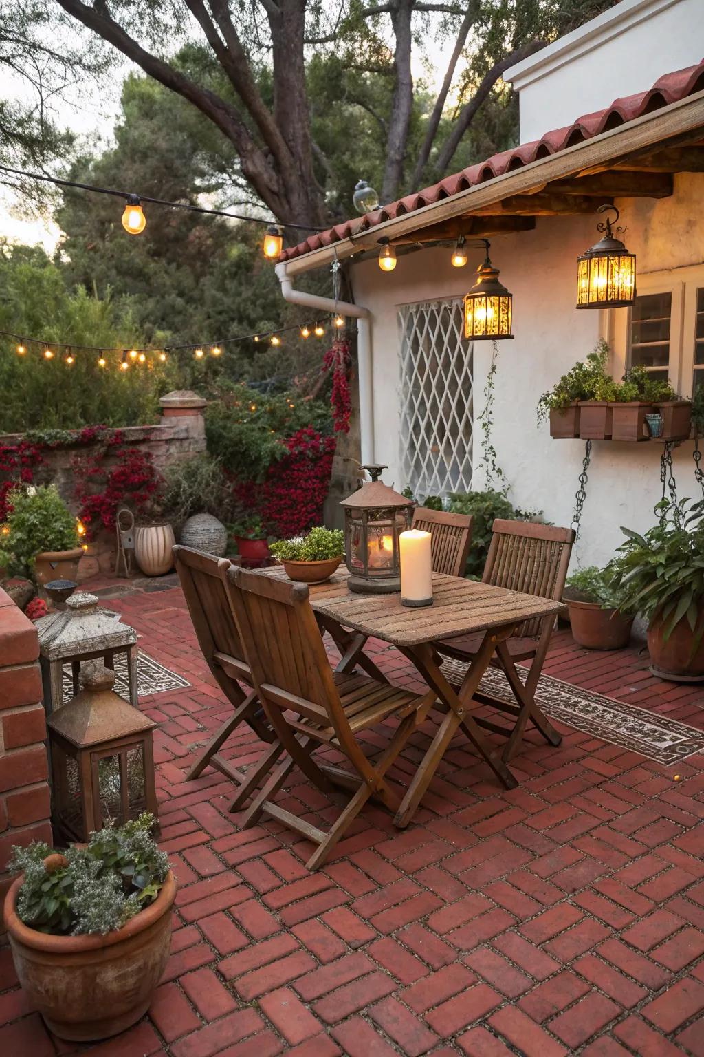 Rustic charm and red pavers create a cozy outdoor space.