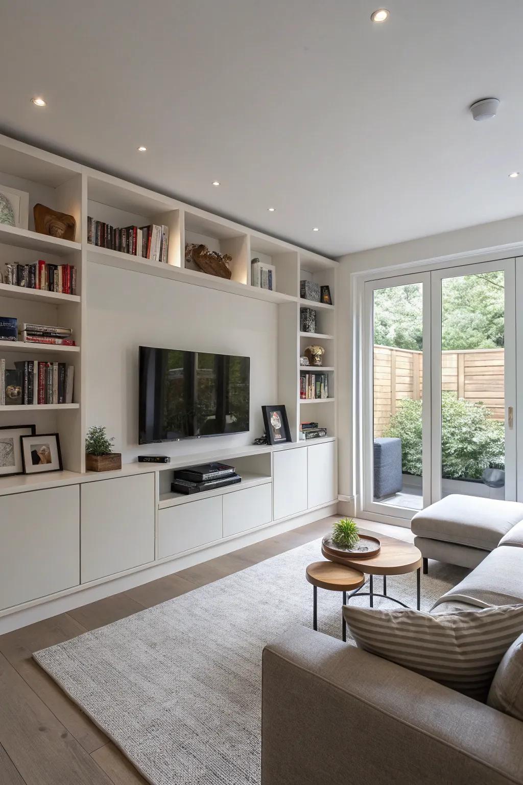 A tidy living area featuring innovative storage options.