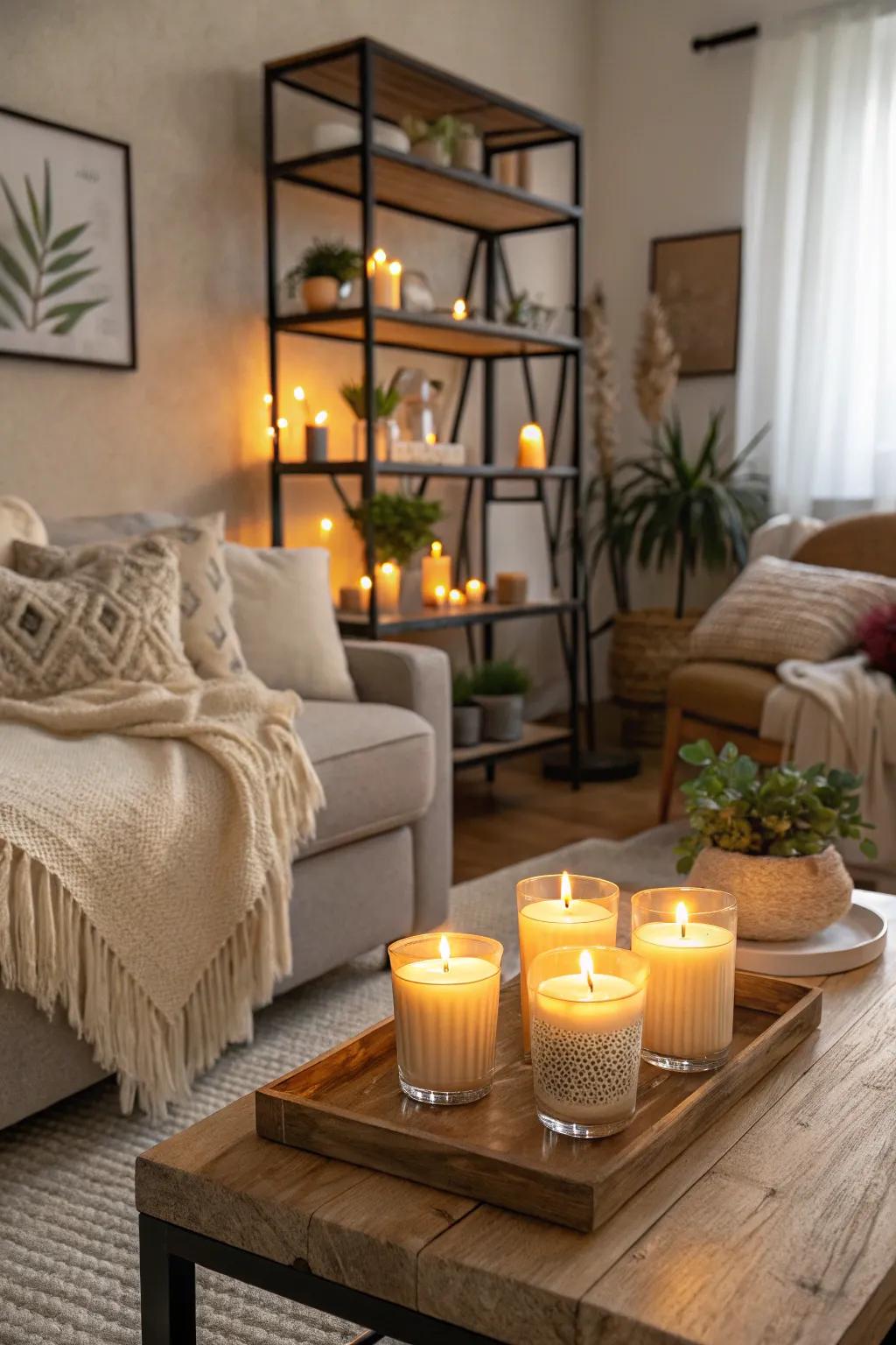 Candles add warmth and a soothing atmosphere.