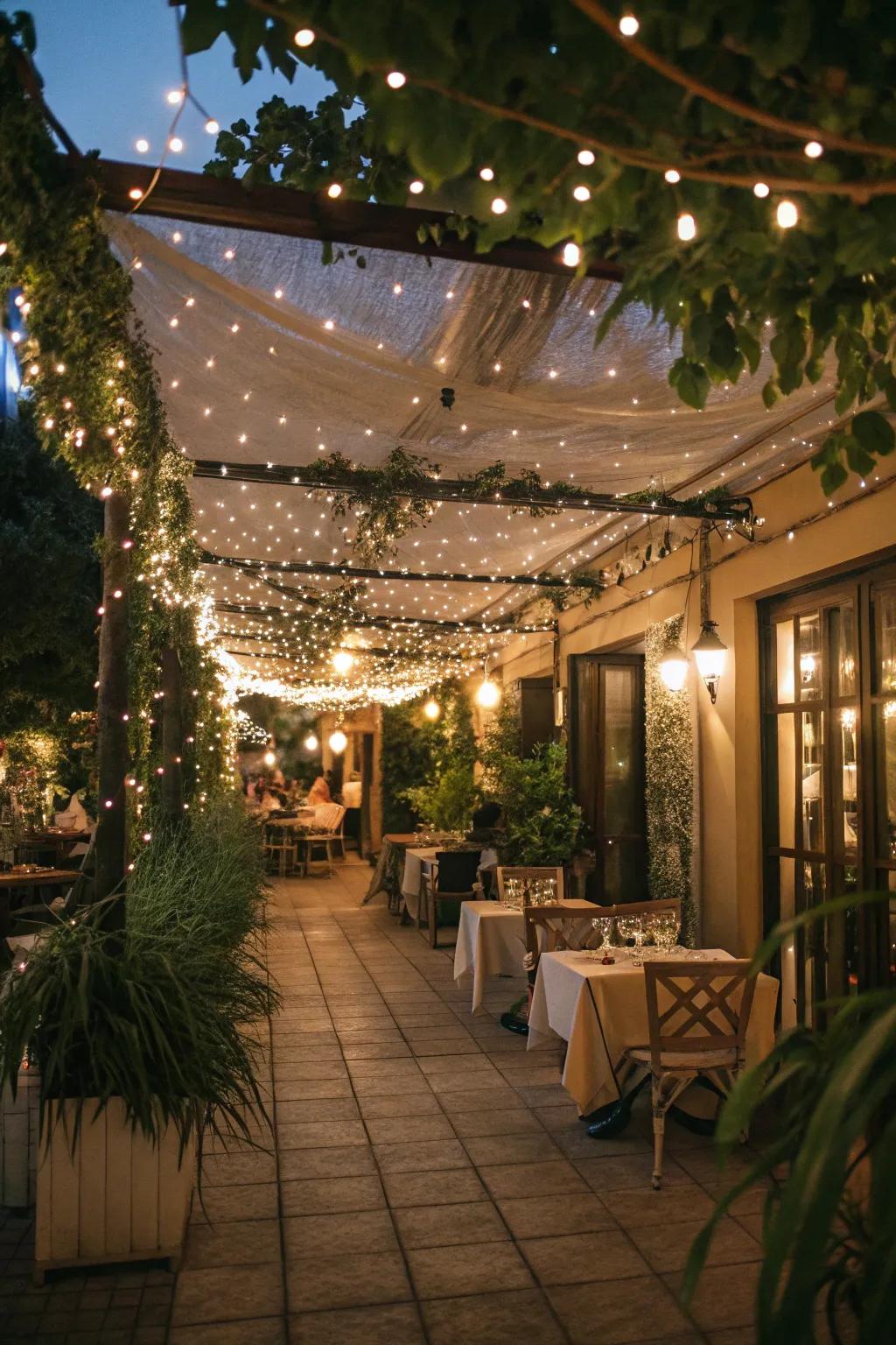 A fairy light canopy transforms patios into enchanting spaces.