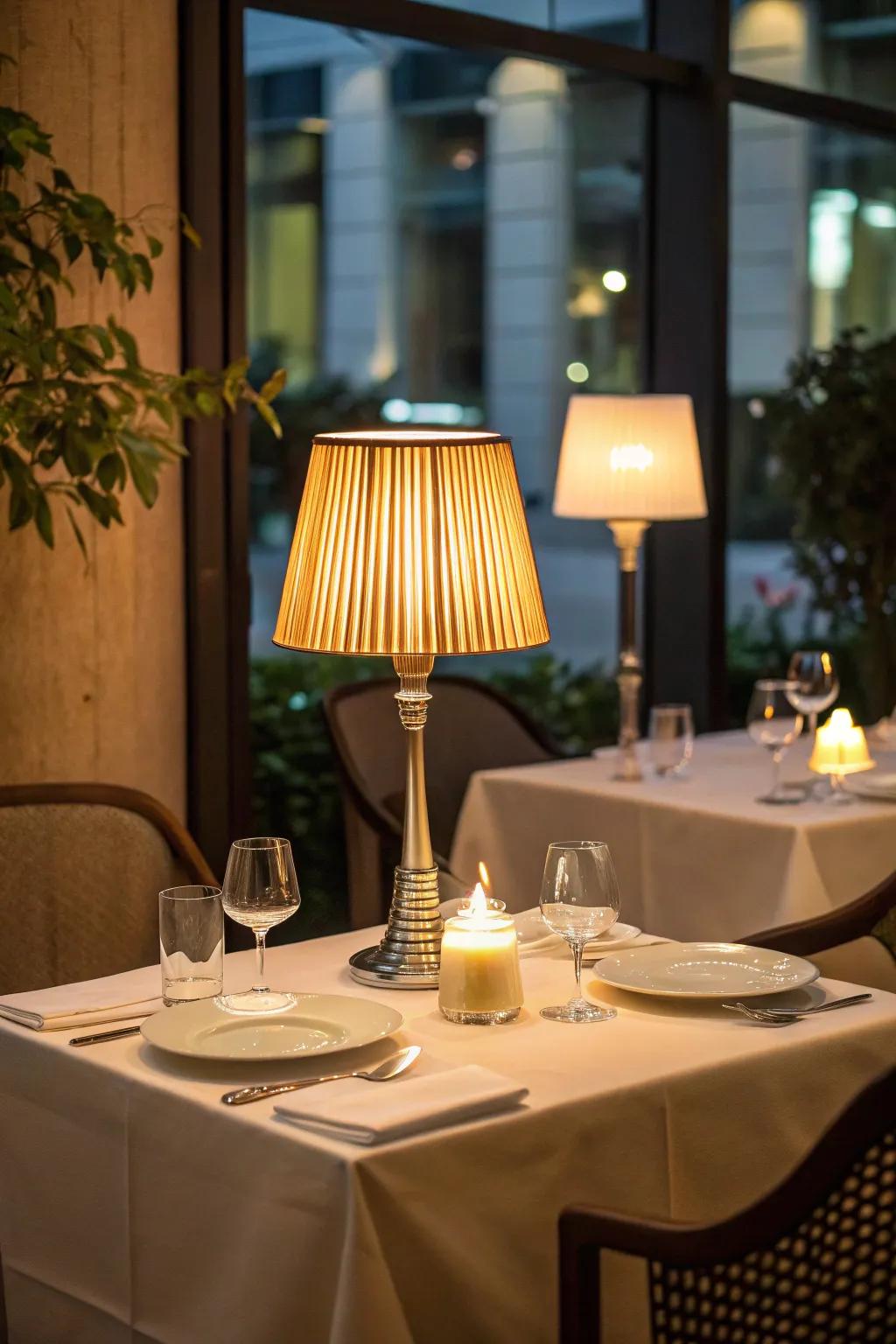 LED table lamp mimicking candle light on an intimate restaurant table setting.