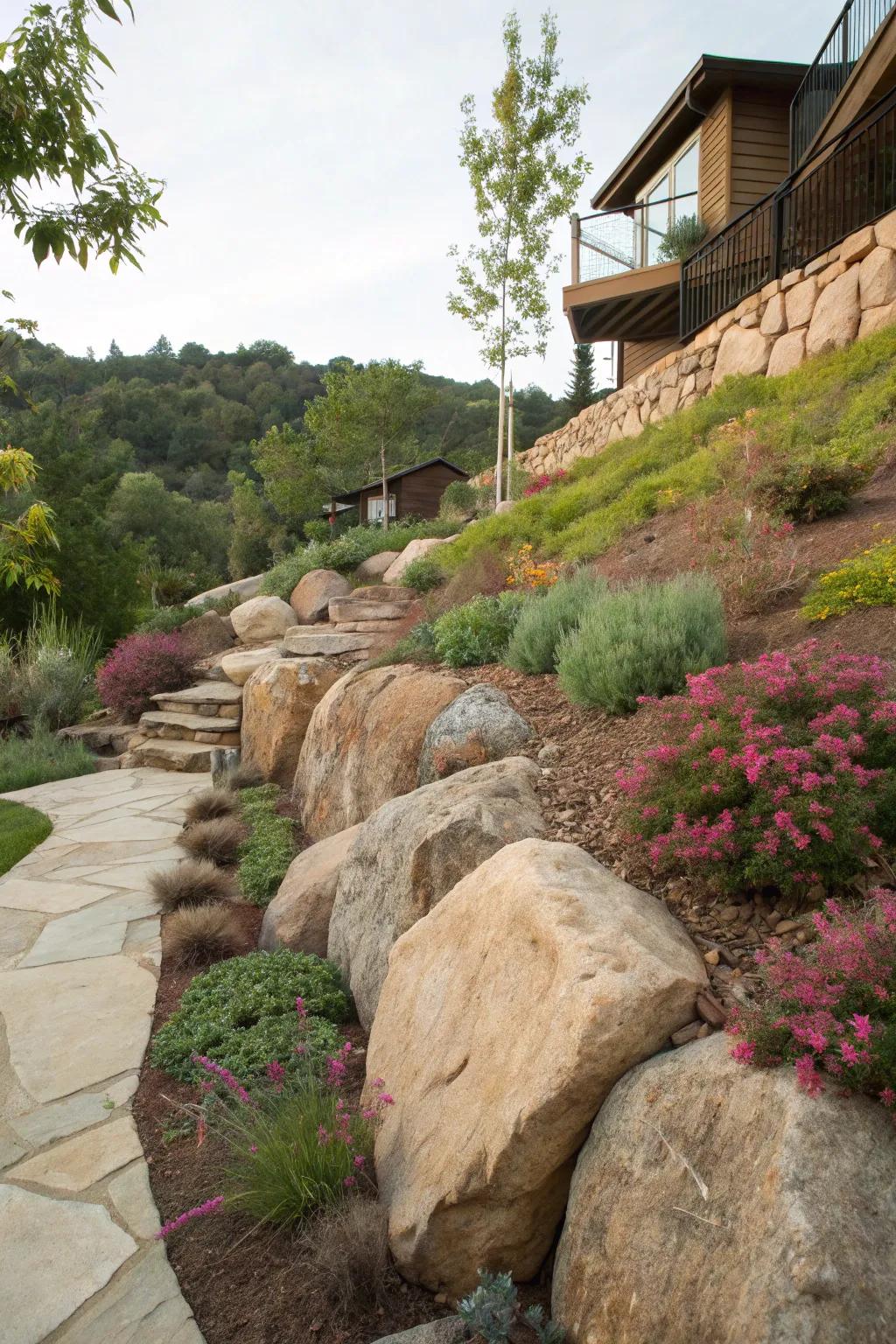 Boulder walls offer dramatic, natural beauty to any slope.