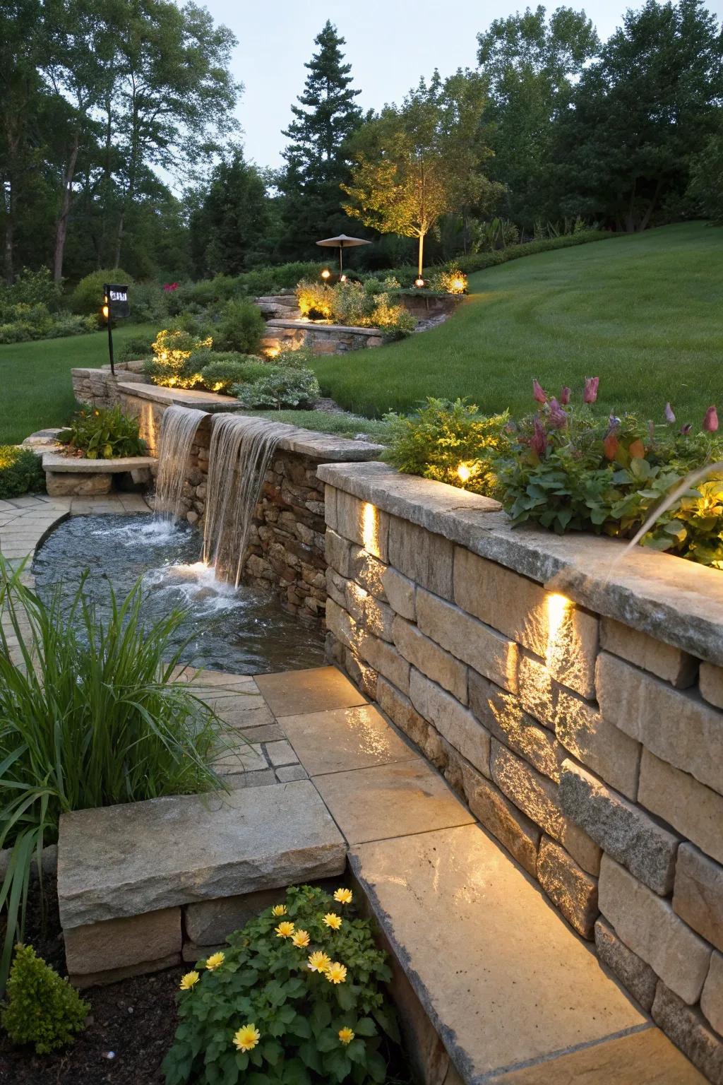 A waterfall feature adds tranquility to your retaining wall.