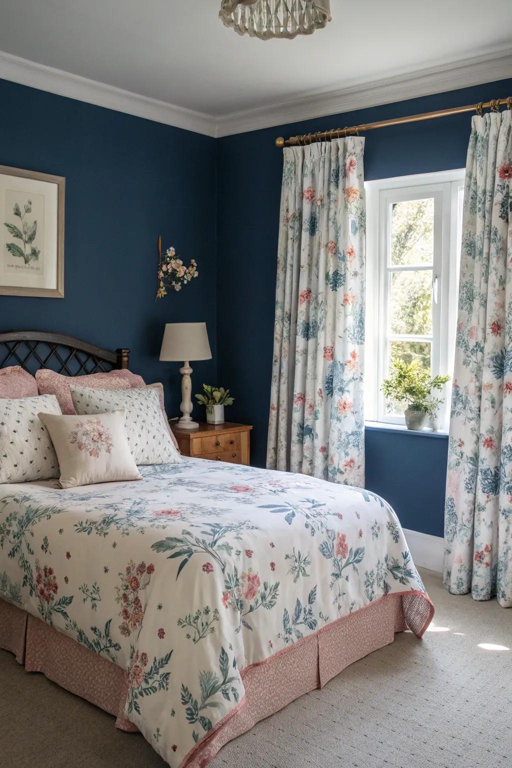 Floral patterns introduce romance and whimsy to navy blue decor.