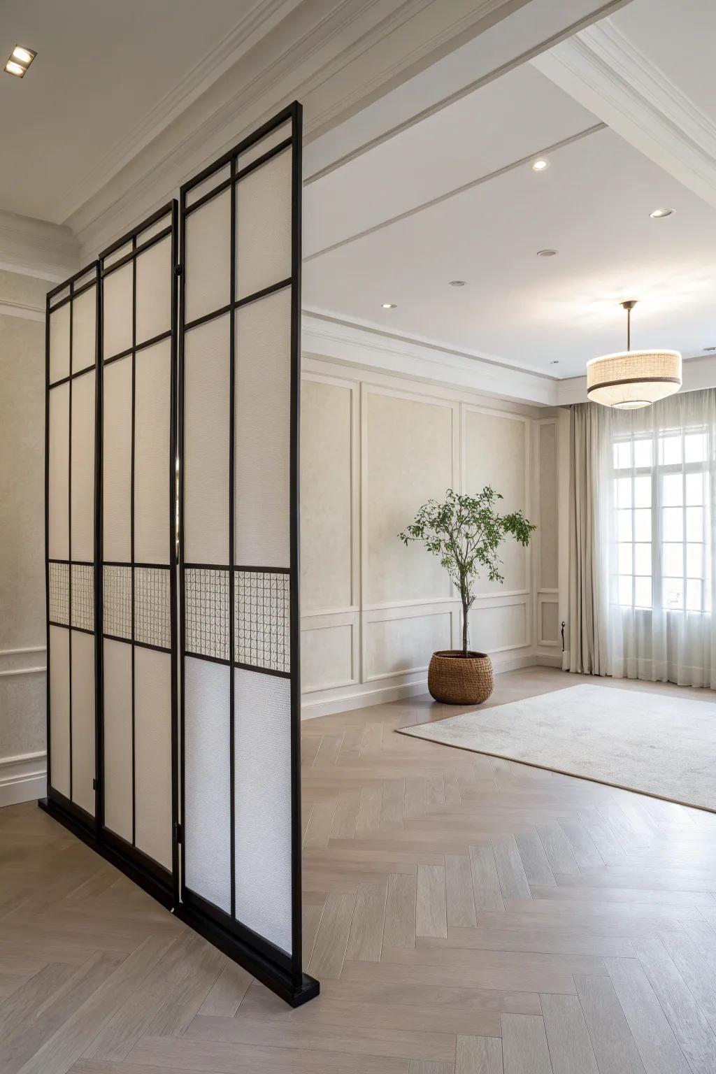 A minimalist room featuring a sleek half wall divider with clean lines.