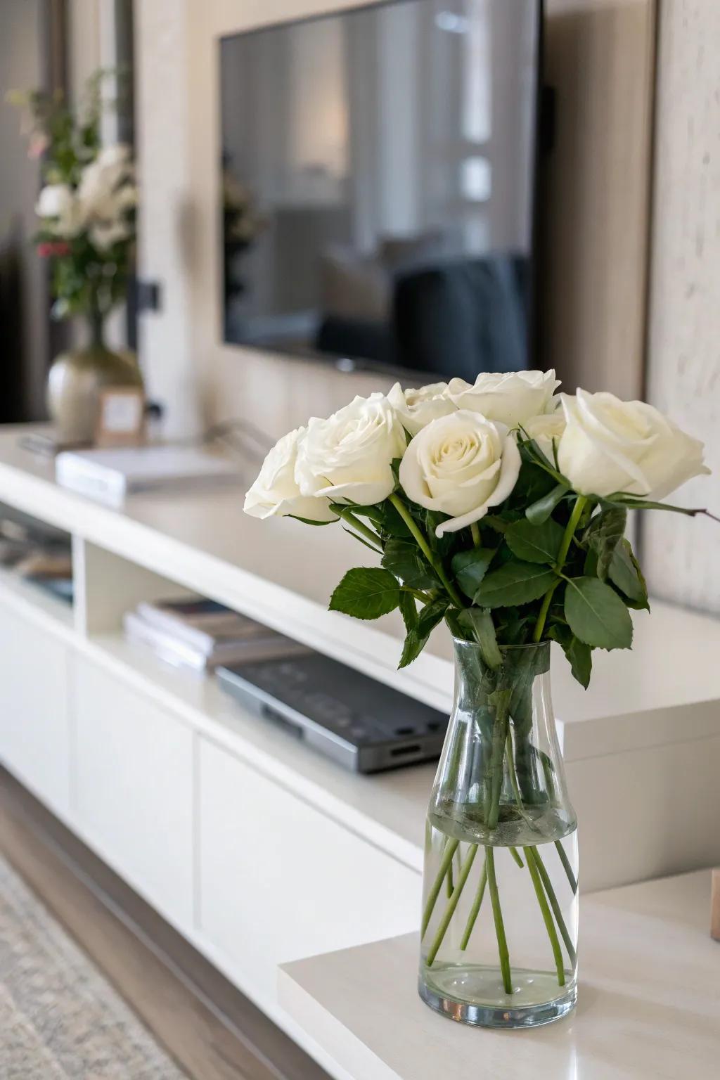 Serenity with minimalist white roses in a clear vase.