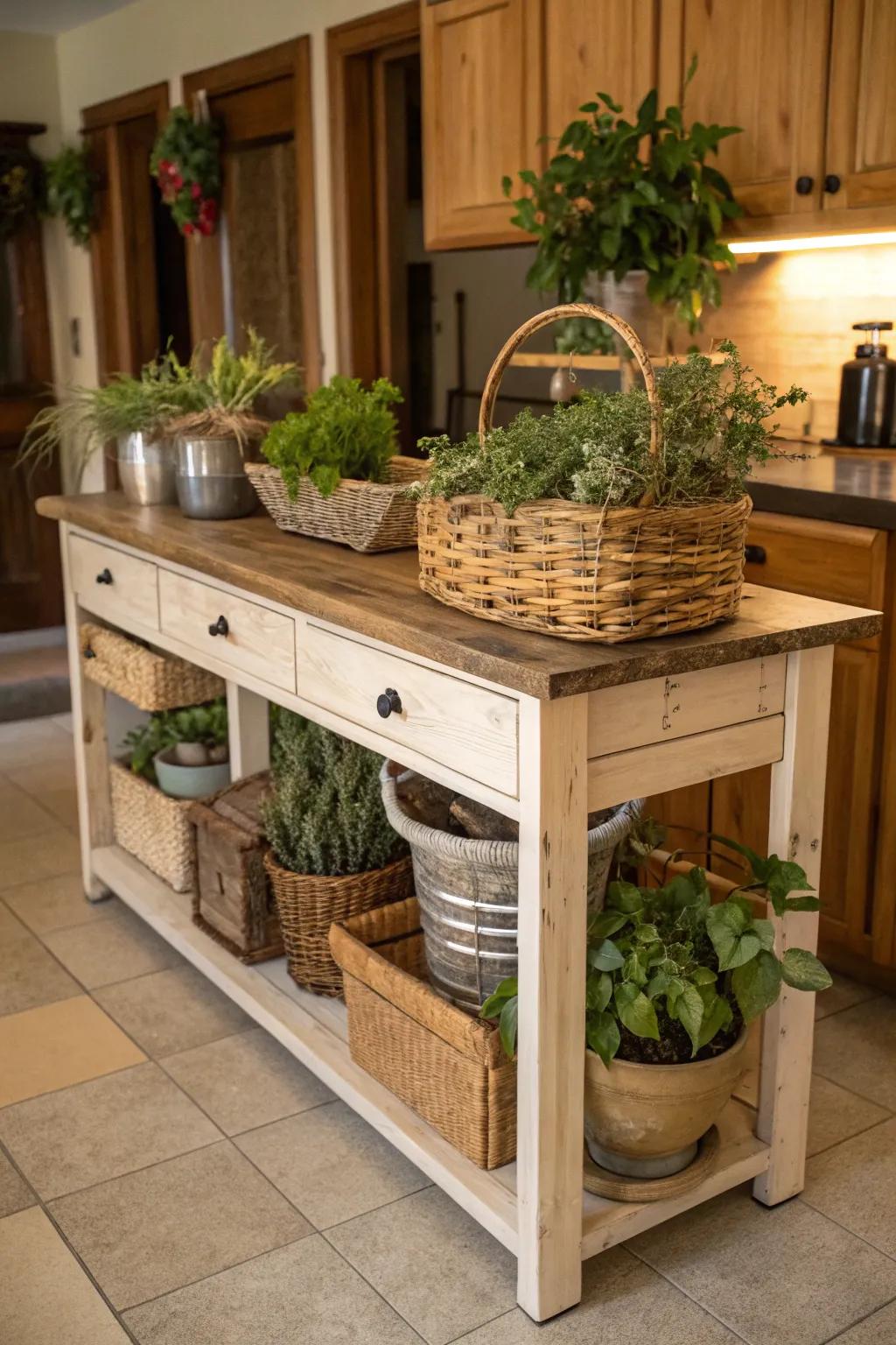 A farmhouse kitchen island adorned with decorative plants and baskets.