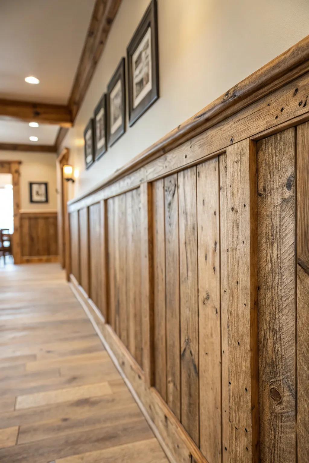 Reclaimed wood wainscoting adds history and charm.