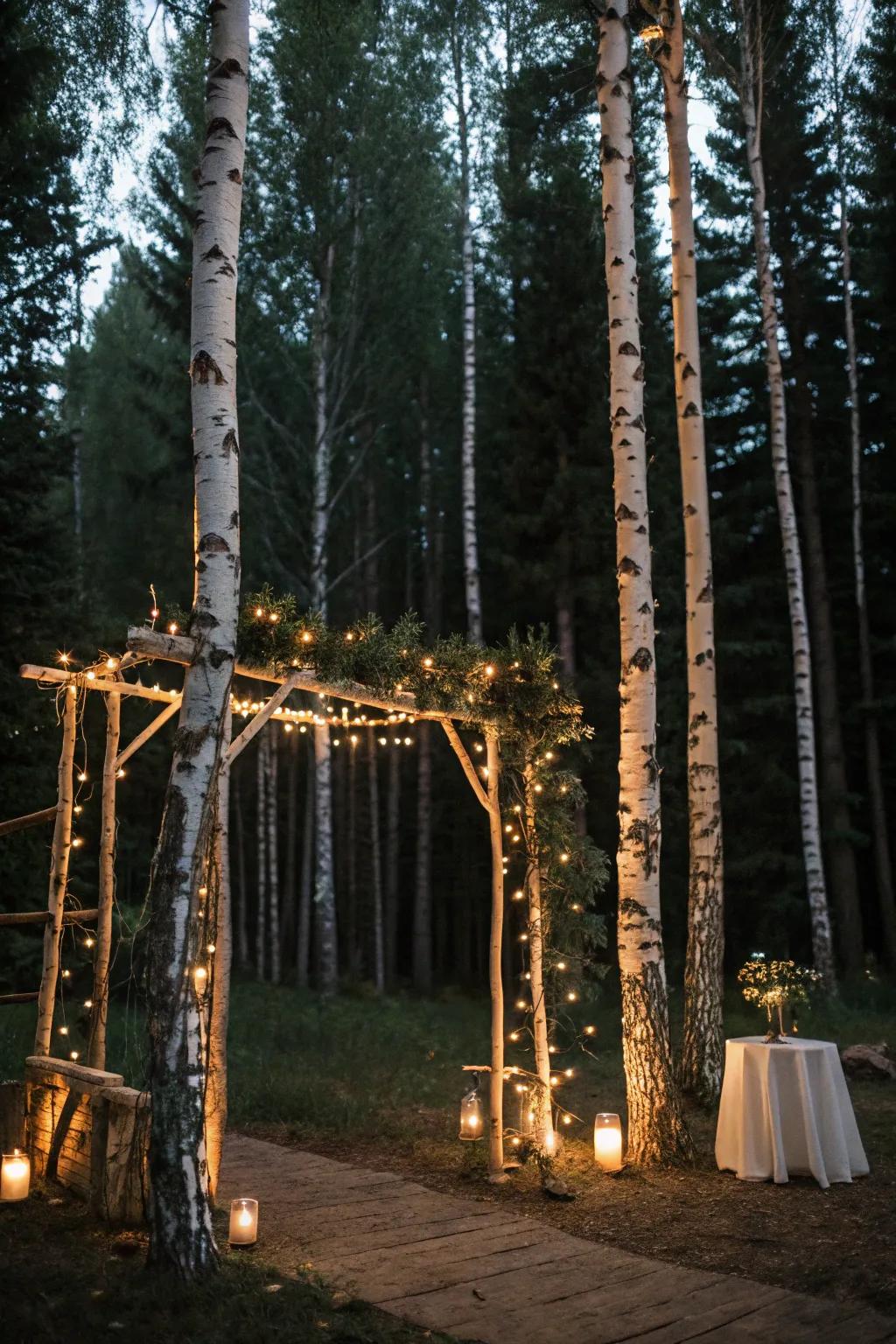 A birch arch twinkling with lights, perfect for a woodland evening ceremony.