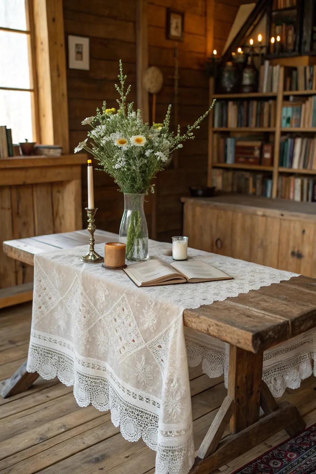 A delicate lace tablecloth enhancing the rustic charm.