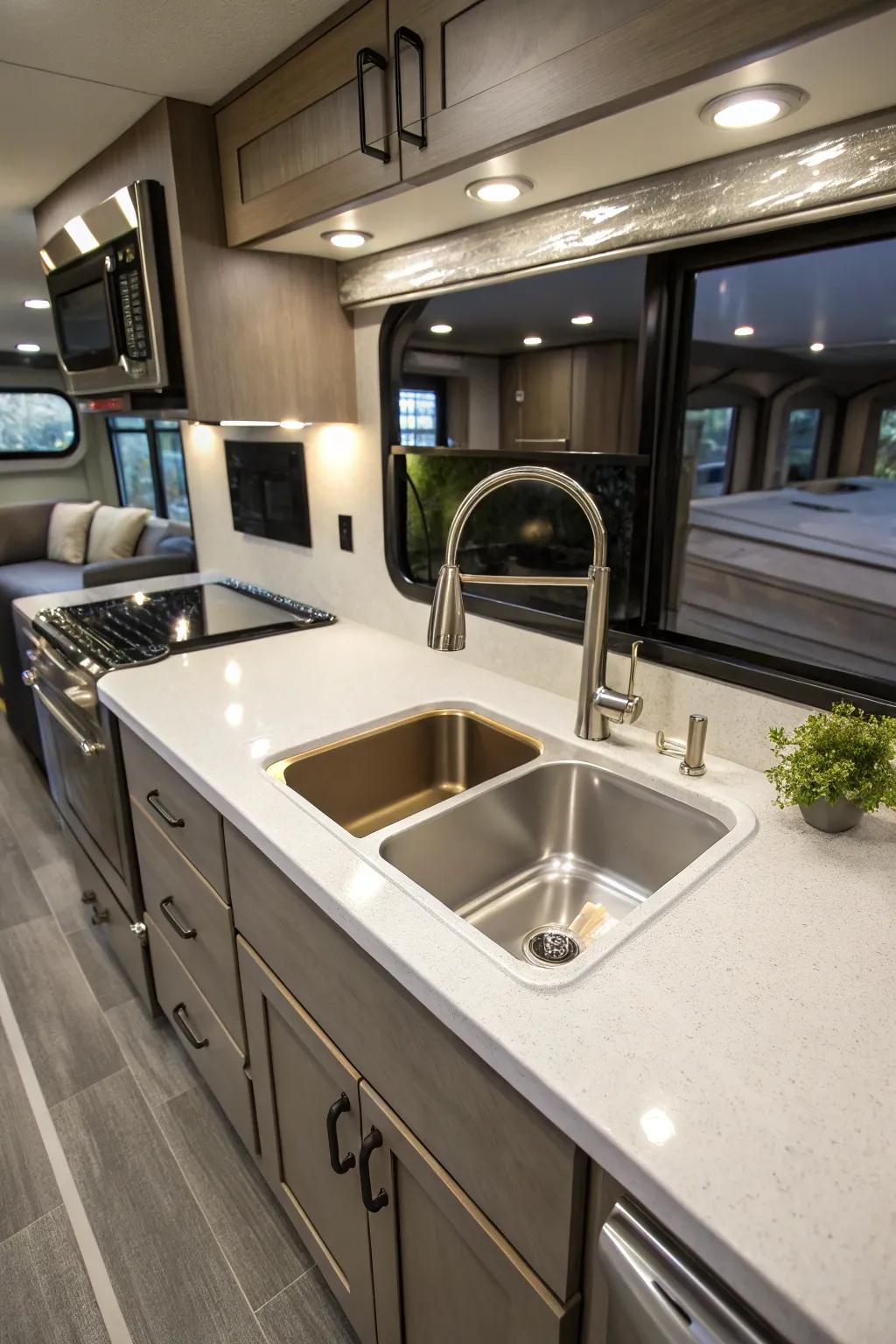 An undermount sink giving a sleek look to an RV kitchen.