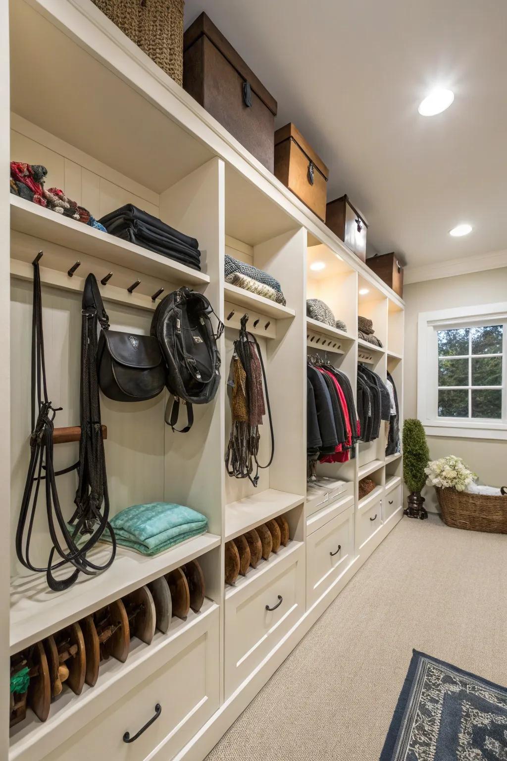 Shelves offer practical storage alongside your saddles.