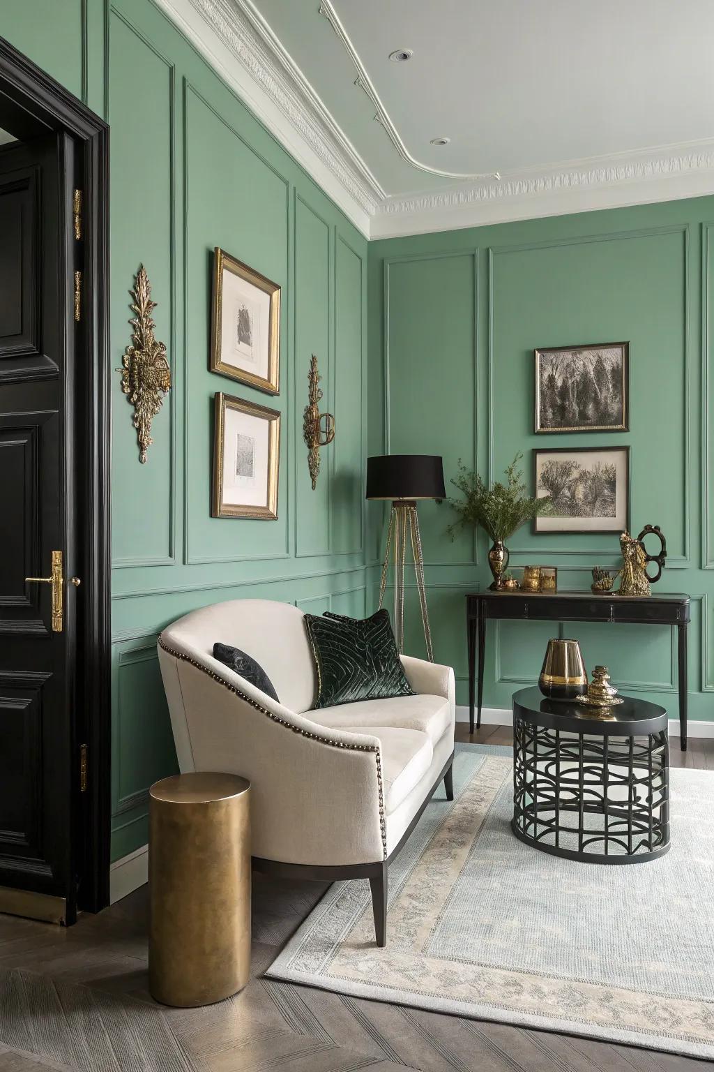 A balanced room with seafoam green walls and a softened palette.