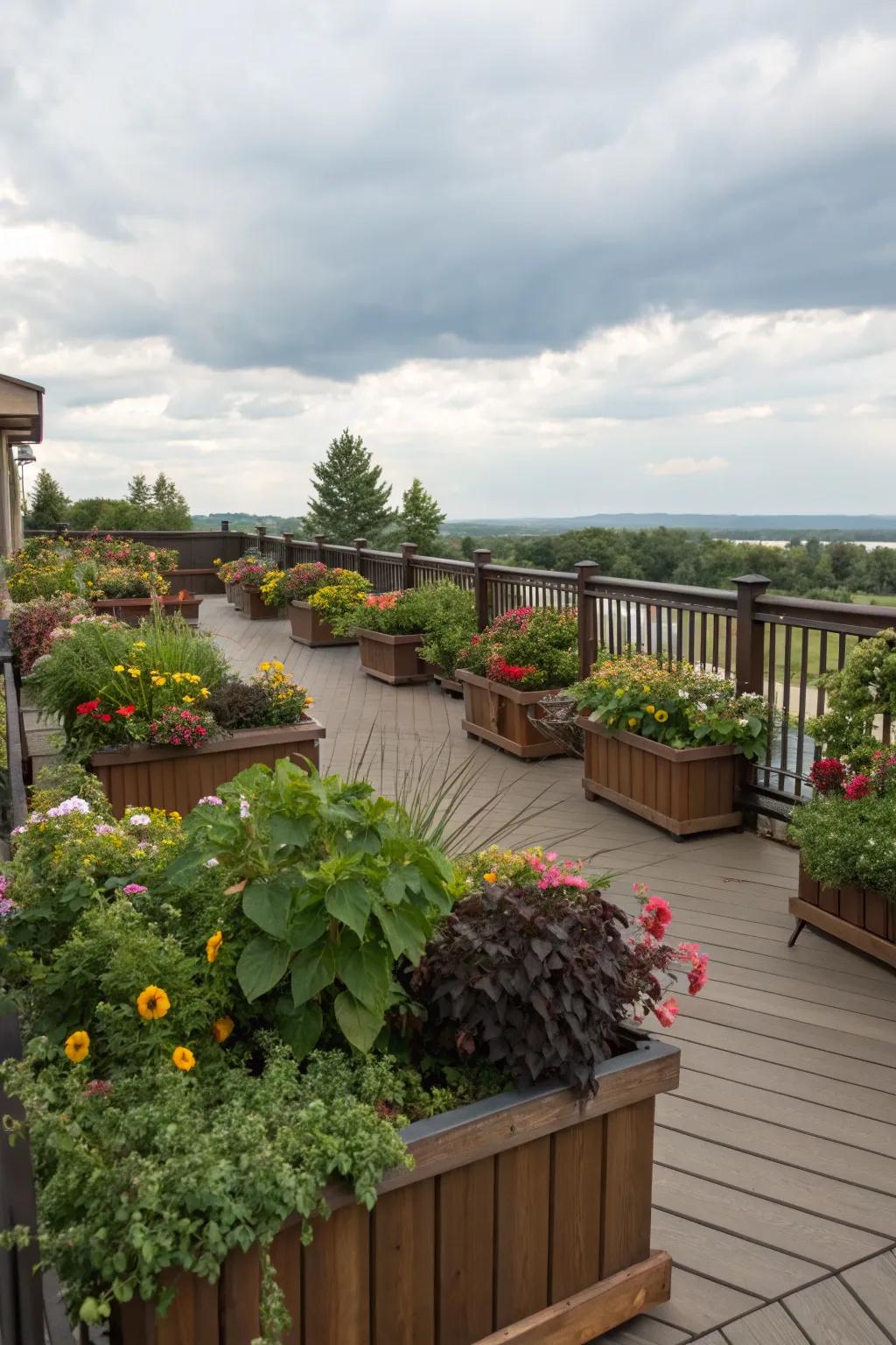 A deck that doubles as a lush garden escape, full of vibrant greenery.