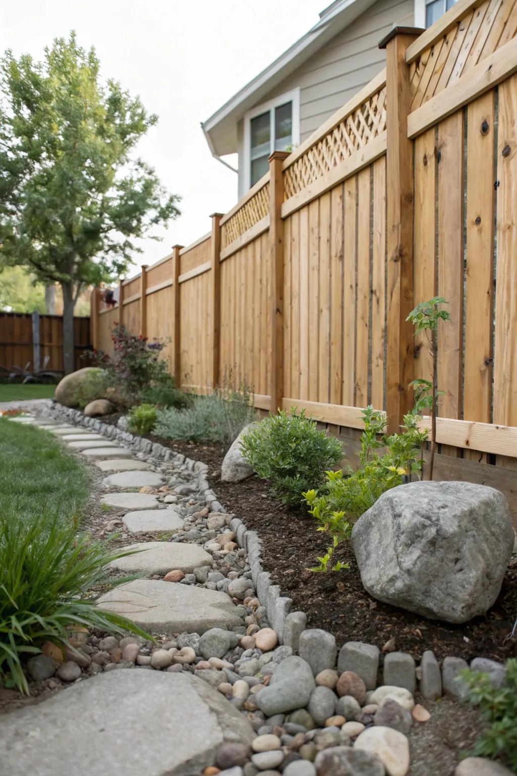 Staggered panels bring texture and depth to this serene backyard setting.