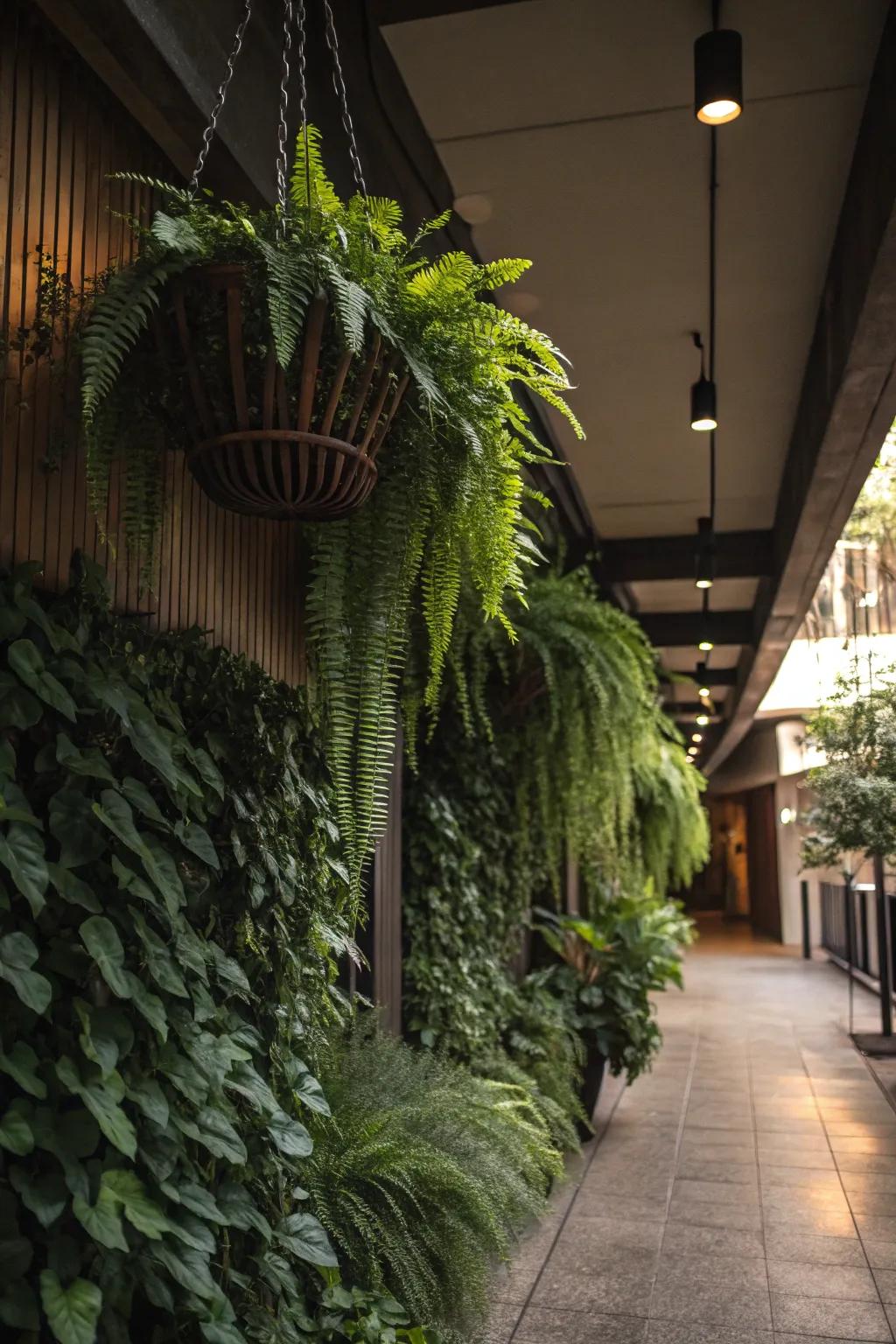 A vertical garden in a shaded area with hanging planters filled with ferns and trailing plants.