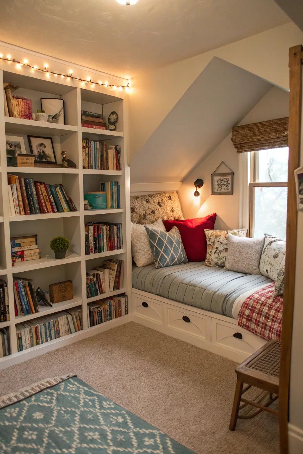 A reading nook offers a peaceful escape in this shared room.