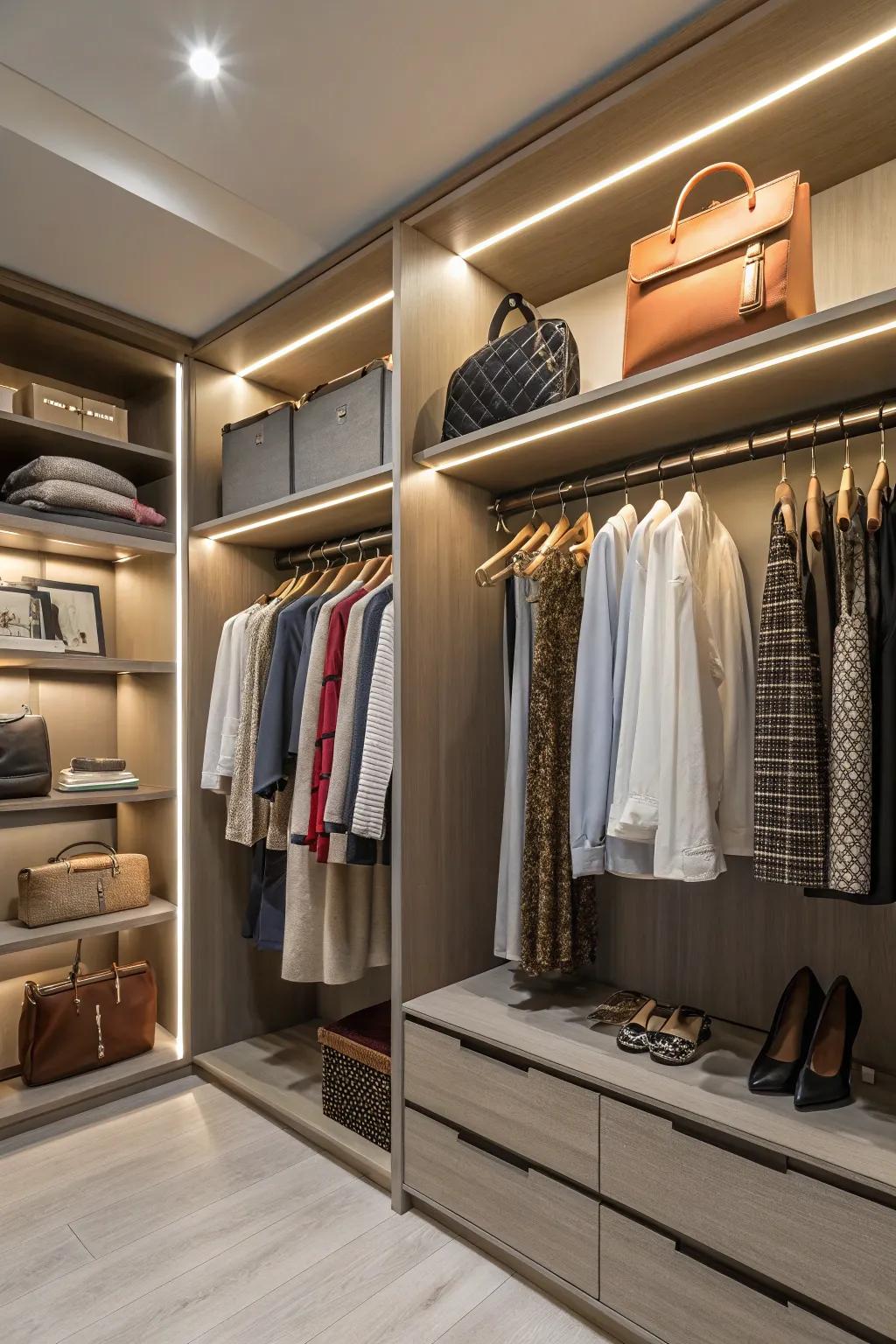 A stylish closet with integrated lighting for enhanced visibility.